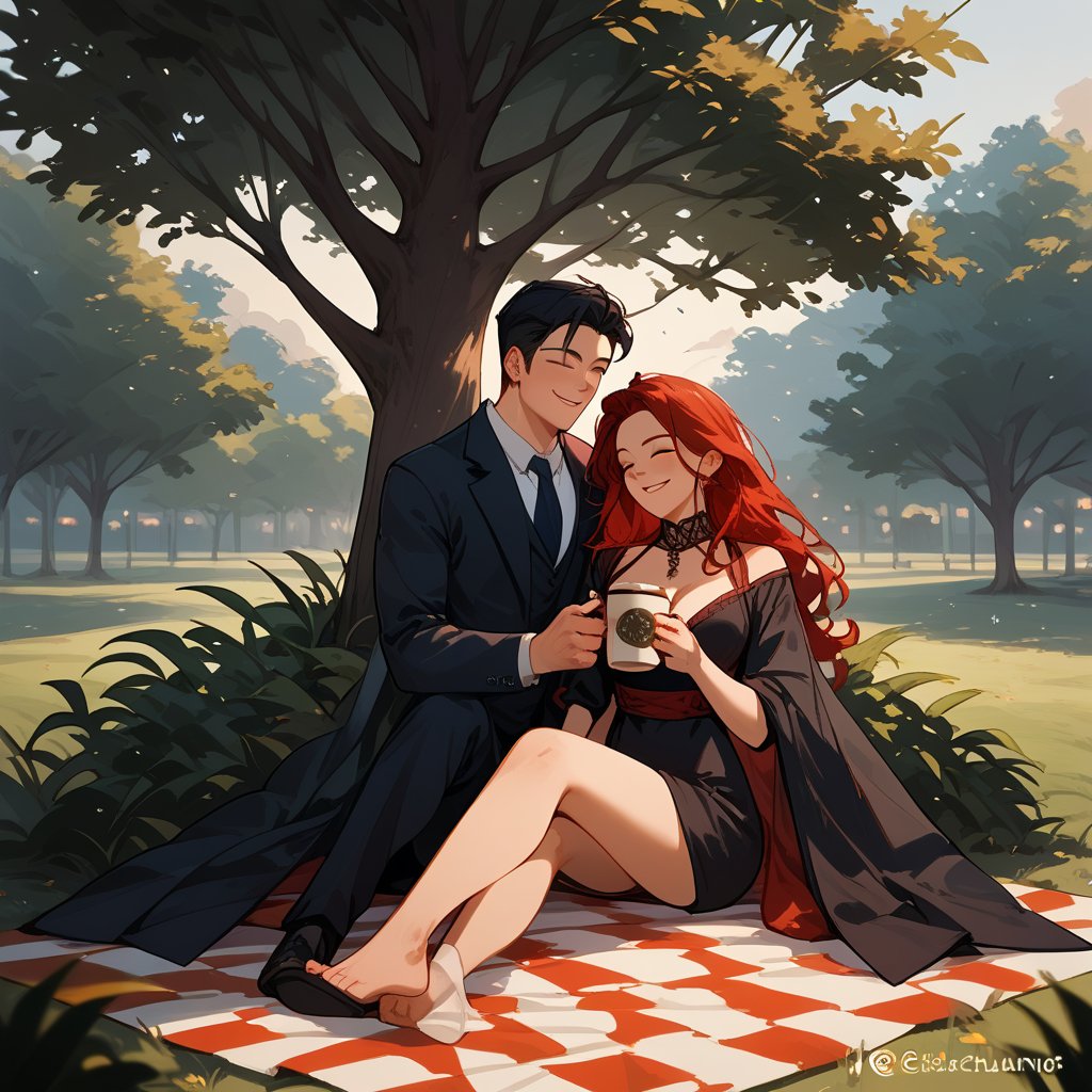 Score_9, Score_8_up, Score_7_up, Score_6_up, Score_5_up, Score_4_up), a girl red hair, sexy girl and her son (black hair, 10 years) sitting under a tree in a picnic, behind appearsm a man (black hair dressed in a suit)  walking with a coffee in his hand ,in the middle of the park, night, sexy pose,smiling,
ciel_phantomhive,jaeggernawt,Indoor,frames,high rise apartment,outdoor