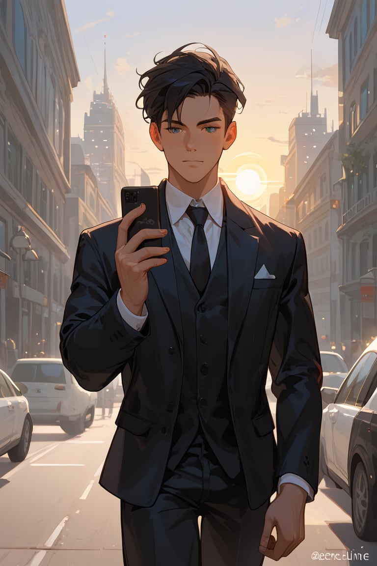 Score_9, Score_8_up, Score_7_up, Score_6_up, Score_5_up, Score_4_up,

1boy black hair, a very handsome man, wearing a black suit,day, sun, city, modern city, man walking in the city with a coffe in one hand and talkin with phone in other hand, ciel_phantomhive,jaeggernawt,perfect finger,more detail XL
