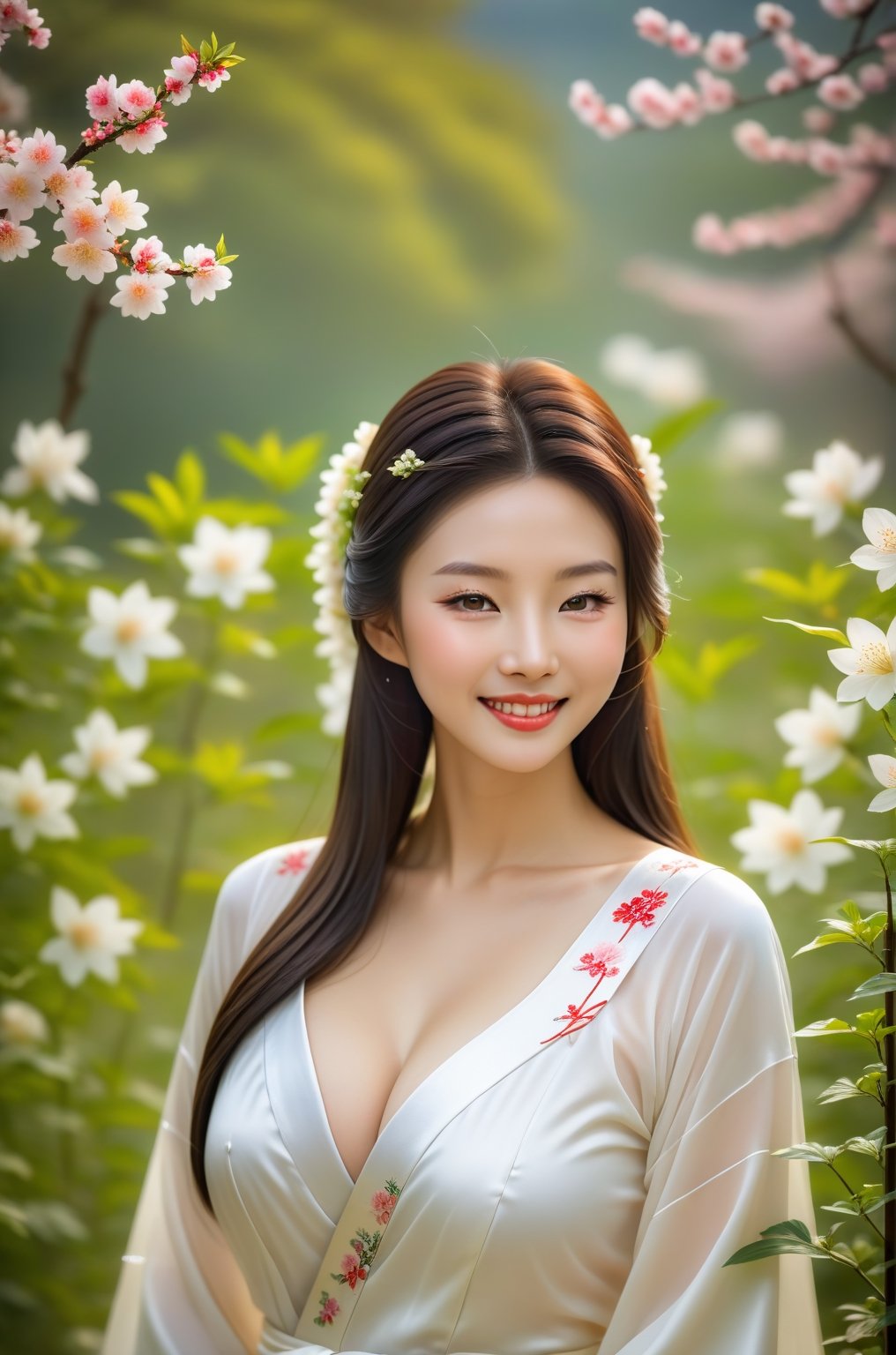 "Craft an image of a stunning Chinese woman with fair white skin, her beautiful eyes shining brightly, and a heartwarming smile. She should be dressed in a white hanfu with flower prints, gracefully tending to a garden as she waters the flowers, her long hair adding to the serene scene." (Photographic realistic masterpiece HDR high quality image) ,1 women,full body:2,medium breasts:2,p3rfect boobs