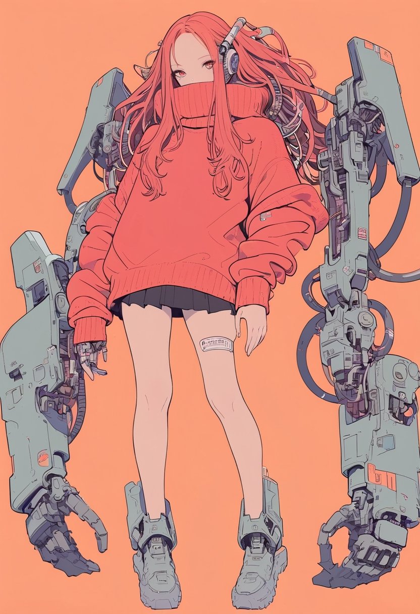 (magazine cover:1.4),
1girl with her hands crossed in front of her chest, , solo, cyber, cybernetic, looking at viewer, (red long hair:1.1), full body, with an incredibly huge mechanical arm behind her. The sturdy black mechanical arm features tank-like armor and a turret-like weapon, red sweater, 
txznmec, ,virgin destroyer sweater