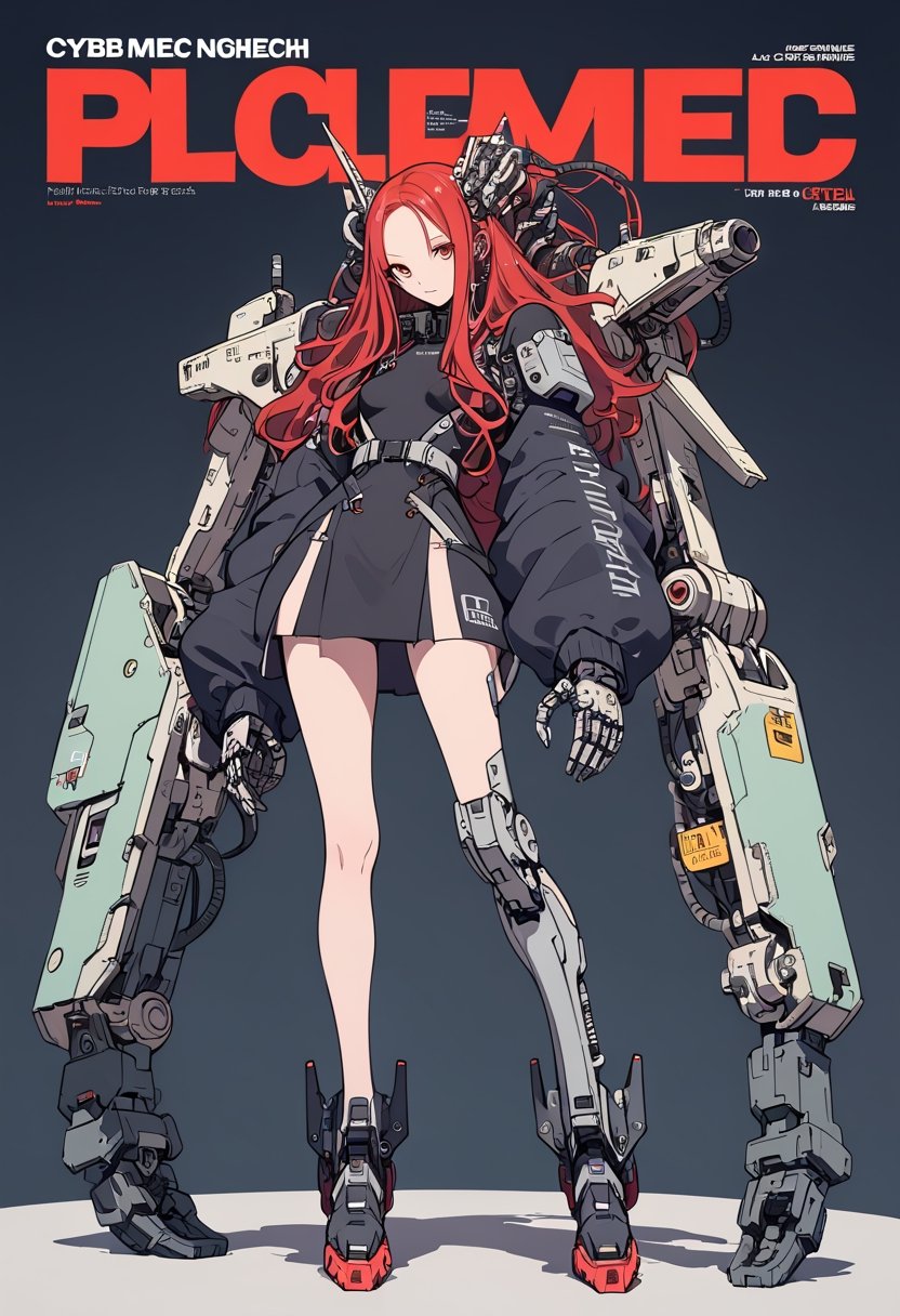(magazine cover:1.4),
1girl with her hands crossed in front of her chest, , solo, cyber, cybernetic, looking at viewer, (red long hair:1.1), full body, with an incredibly huge mechanical arm behind her. The sturdy black mechanical arm features tank-like armor and a turret-like weapon, 
txznmec, female bp outfit
