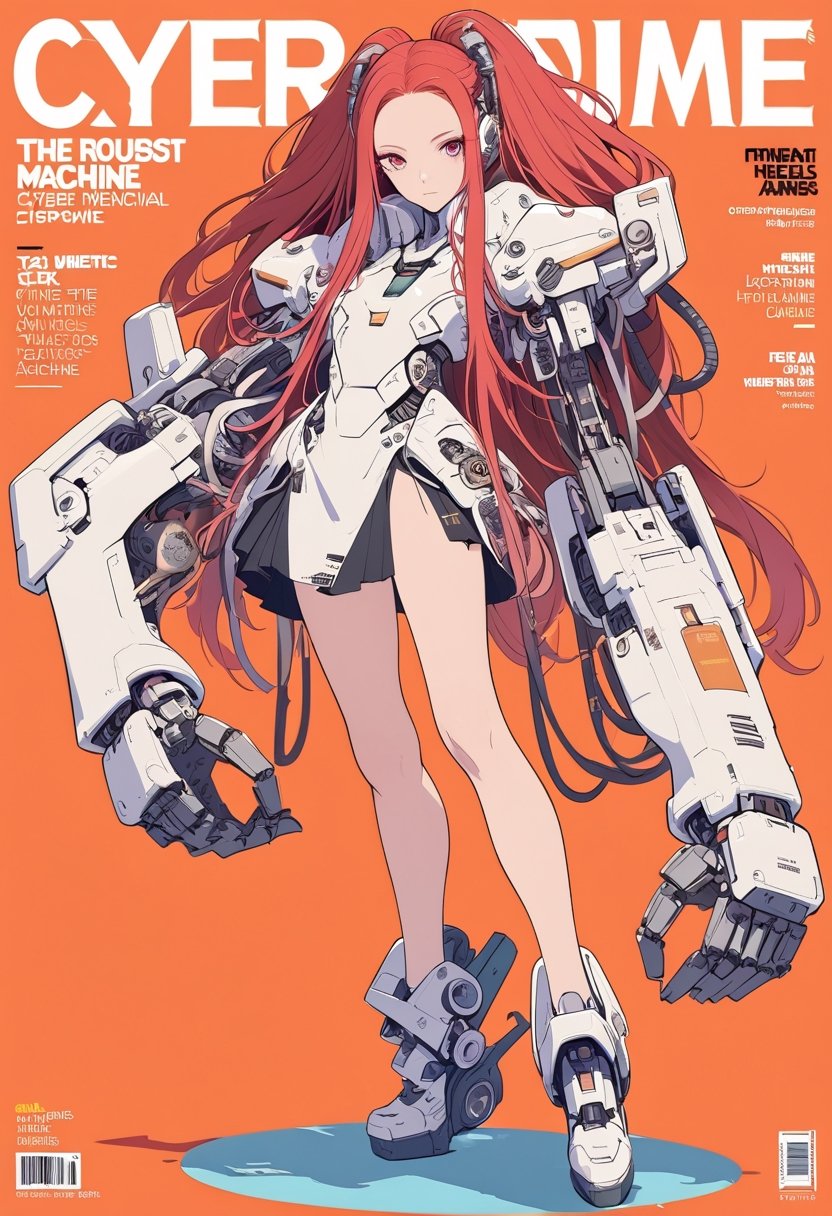 (magazine cover:1.4),
1girl, solo, cyber, cybernetic, looking at viewer, (red long hair:1.1), full body, with her hands crossed in front of her chest, with a pair of super huge mechanical arms behind her, the robust machine arms are full of power and equipped with powerful weapons,
txznmec, LuxuriousWheelsCostume