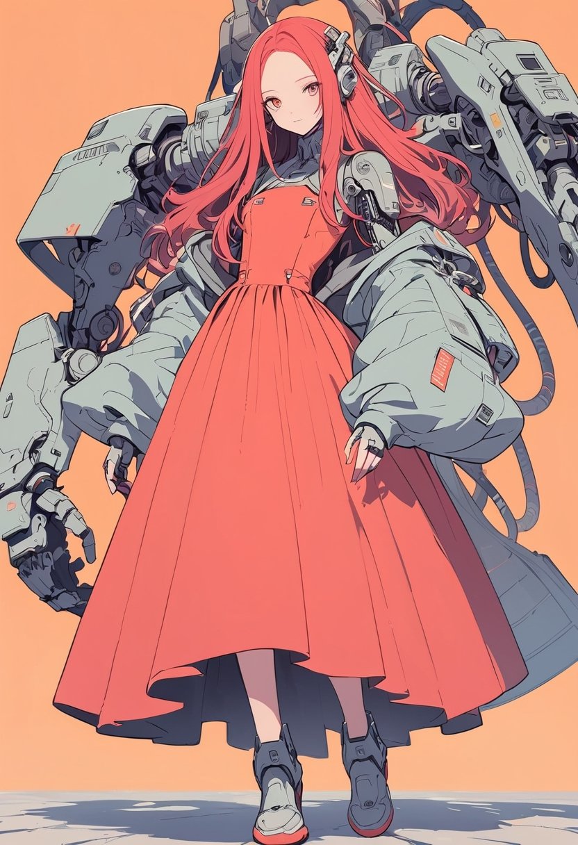 (magazine cover:1.4),
1girl with her hands crossed in front of her chest, , solo, cyber, cybernetic, looking at viewer, (red long hair:1.1), full body, with an incredibly huge mechanical arm behind her. The sturdy black mechanical arm features tank-like armor and a turret-like weapon, red dress,
txznmec, ,W3dd1ng 