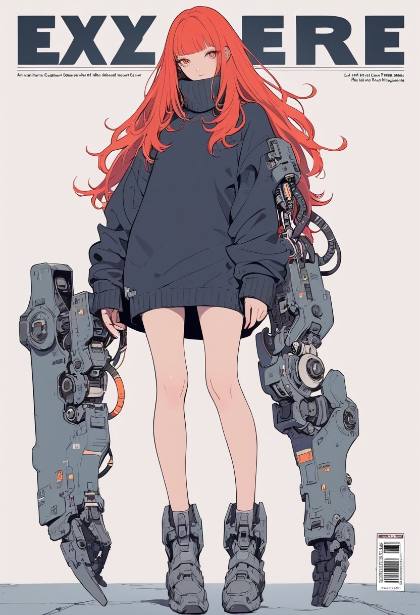 (magazine cover:1.4),
1girl with her hands crossed in front of her chest, , solo, cyber, cybernetic, looking at viewer, (red long hair:1.1), full body, with an incredibly huge mechanical arm behind her. The sturdy black mechanical arm features tank-like armor and a turret-like weapon, 
txznmec, ,virgin destroyer sweater