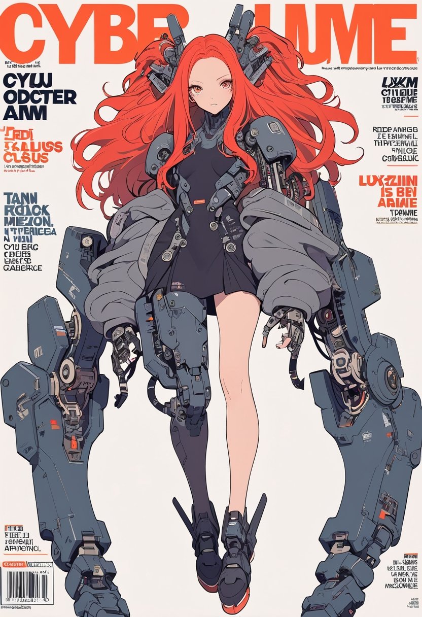 (magazine cover:1.4),
1girl with her hands crossed in front of her chest, , solo, cyber, cybernetic, looking at viewer, (red long hair:1.1), full body, with an incredibly huge mechanical arm behind her. The sturdy black mechanical arm features tank-like armor and a turret-like weapon,
txznmec, LuxuriousWheelsCostume