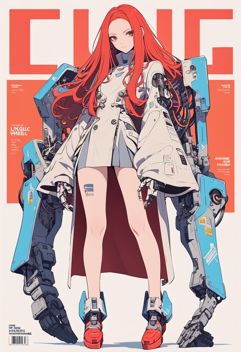 (magazine cover:1.4),
1girl, solo, cyber, cybernetic, looking at viewer, (red long hair:1.1), full body, with her hands crossed in front of her chest, with a pair of super giant mechanical arms behind her,
txznmec, LuxuriousWheelsCostume