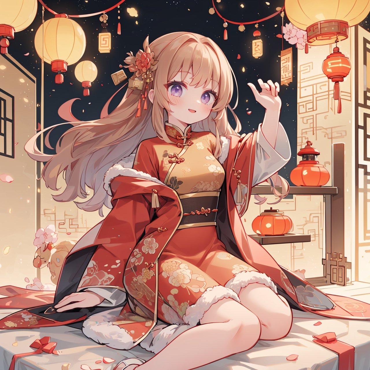 (masterpiece, best quality, highres:1.3), ultra resolution image, (1girl), ((solo), smile, happy, red cotton jacket, chinese red coat, chinese new year, chinese new year clothing, red lantern, chinese red lantern, spring couplets, spring festival, chinese dragon, Year of the Dragon, gold ingot, chinese traditional decoration, red clothing,  ((brown_hair)), long_hair, purple_eyes