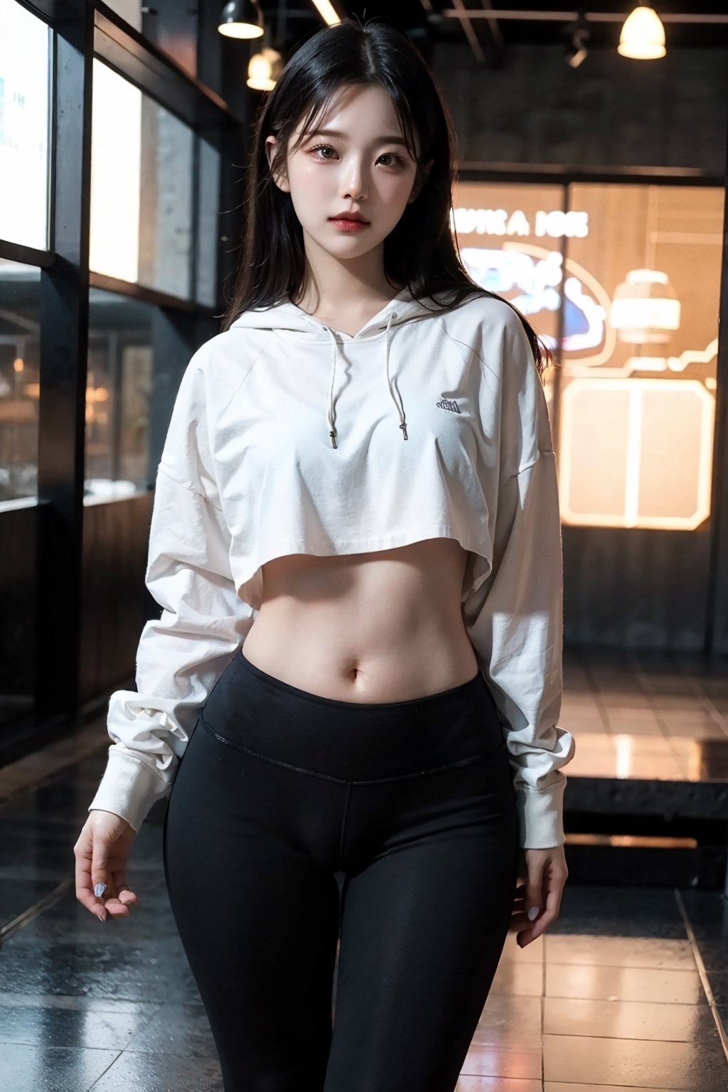  best quality, masterpiece, wearing leggings and a crop top hoodie, cameltoe, (thigh thigh gap 1.1), slim, petite, detailed facial features, detailed, symmetry, cinematic lighting, cameltoe, jujingyi, molika, yunv, 