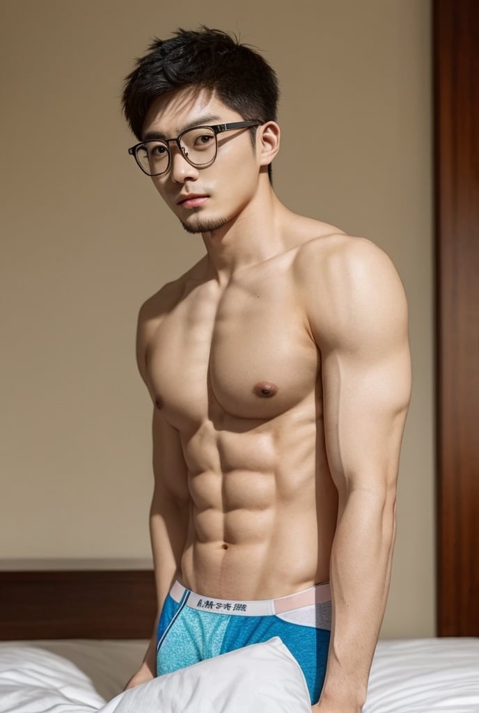 1 chinese male,handsome,detailed face,stubble,body_fur,underwear,glasses,bedroom