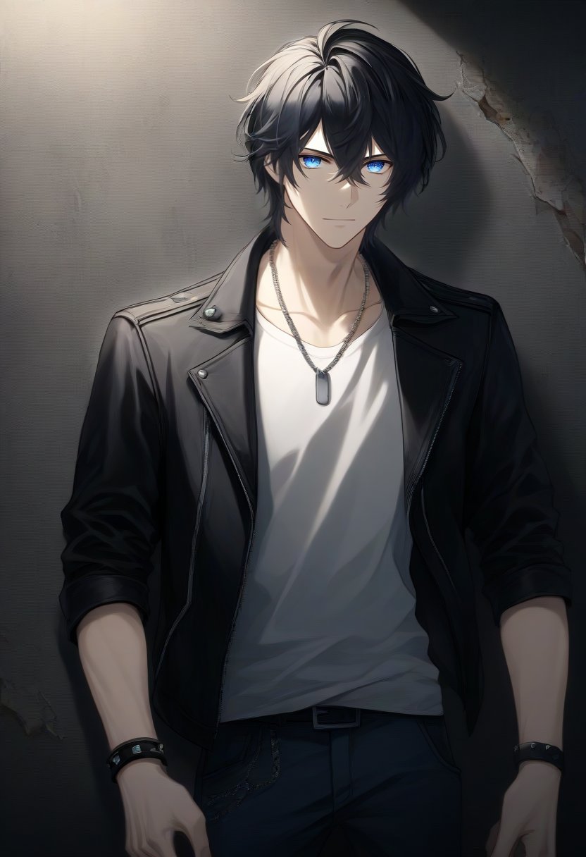 1man, mature male, tall male, solo, male focus, best quality, amazing quality, best aesthetic, absurdres, year 2023, ikemen, CG Illustration, toned male, short hair, hair between eyes, disheveled hair, bangs, black hair, blue eyes, muscular male, shiny hair, shiny eyes, 22 years old man, modern, contemporary, punk, rebel, seedy bar, decrepit wall, torn wallpaper, smoke, dark, dim light, torn jeans, white undershirt, open jacket, leather jacket, sleeves rolled up, studded bracelets, dog tags,  