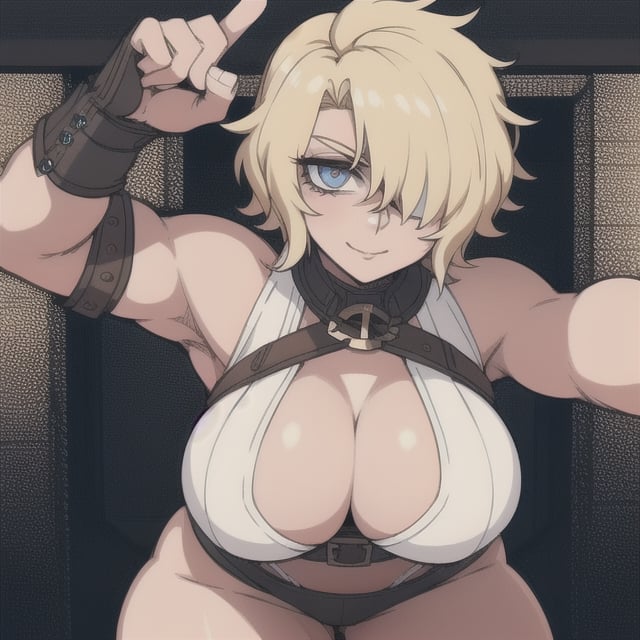 (Perfect body), Best Quality, ((Short Hair)), (blonde hair), blue eyes, eyepatch over left eye, face scars, ((thick thighs)),  good fingers,  good hands, best eyes, round pupil, female_solo