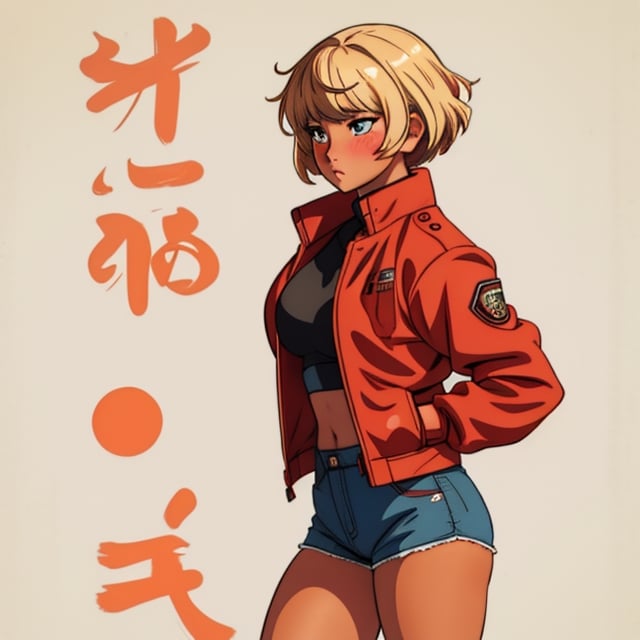 (Perfect body), Best Quality, ((Short Hair)), ((tan skin)), (blonde hair), asian, brown eyes, ((thick thighs)),  good fingers,  good hands, best eyes, round pupil, female_solo, ((tired)), red jacket, embarassed, (blush)