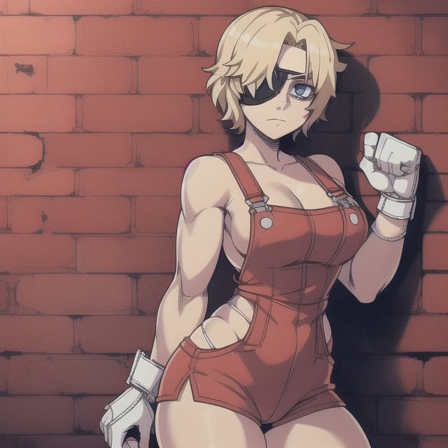 (Perfect body), Best Quality, ((Short Hair)), (blonde hair), blue eyes, ((left eyepatch)), face scars, body scars, ((thick thighs)),  good fingers,  good hands, best eyes, round pupil, female_solo, red glove, bandages, brick wall, red overalls, ((missing left arm)), ((amputee)), tired, glare