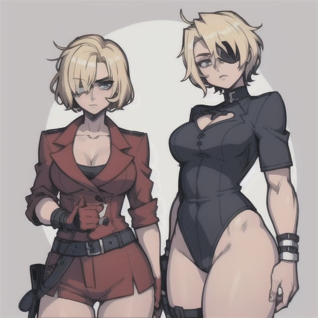 (Perfect body), Best Quality, ((Short Hair)), (blonde hair), left eyepatch, blue right eye, Face Scars, ((thick thighs)),  good fingers,  good hands, best eyes, round pupil, mean, missing left arm