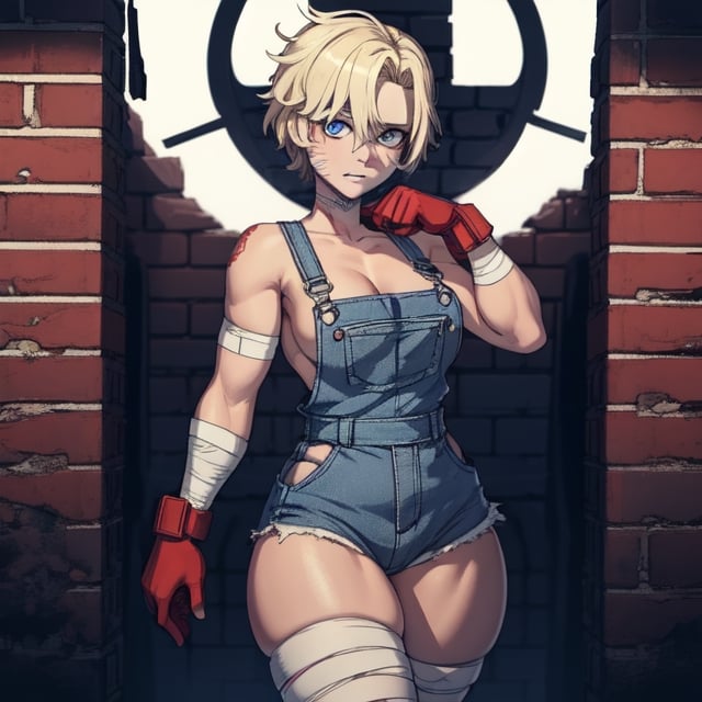 (Perfect body), Best Quality, ((Short Hair)), (blonde hair), blue eyes, left eye bandage, face scars, body scars, ((thick thighs)),  good fingers,  good hands, best eyes, round pupil, female_solo, red glove, bandages, brick wall, red overalls, no left arm, amputee