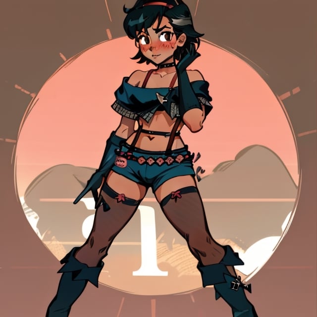 (Perfect body), Best Quality, (((Blush))), (((Dark Skin))), (Short Hair),  ((thick thighs)),  black hair,  brown eyes,  cover,  good fingers,  good hands, best eyes, round pupil,veronica,paine,choker, necklace, crop top, off-shoulder,elbow gloves, suspenders,black shorts, thighhighs, boots
