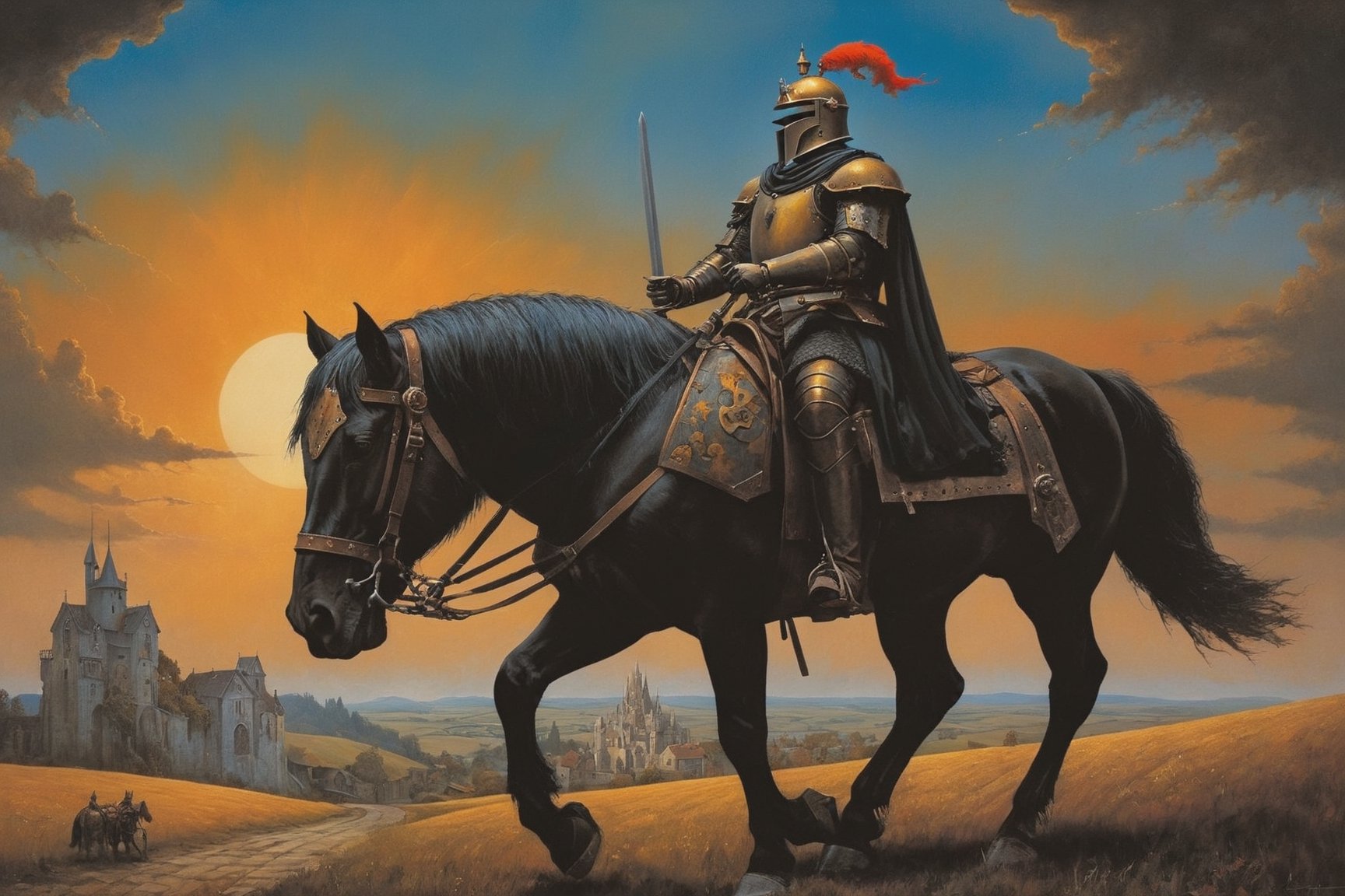 (Beksinski style:1.5), abstract, (battle scene:1.6), (steam punk:1.5), (surrealism:1.6), Medieval mythology: legendary in medieval lore, the enigmatic Black Knight embodies mystery, formidable prowess, and a guardian's unwavering commitment in timeless tales.,DonMM4g1cXL ,aw0k euphoric style, in the style of esao andrews,esao andrews style