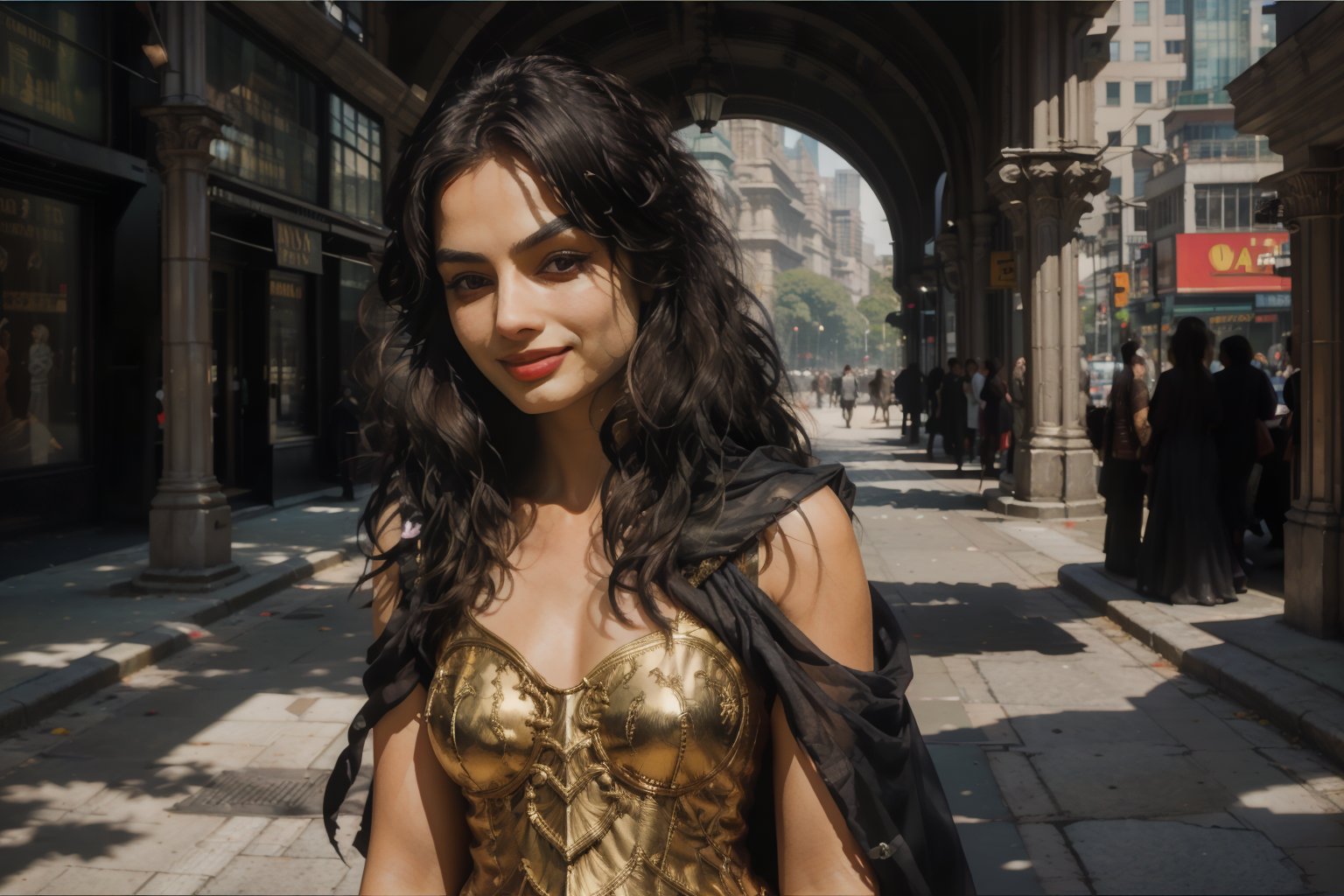 A stunning 18-year-old Indian teenager stands confidently in the heart of a vibrant city, her bright smile (1.1) radiating warmth as she poses effortlessly against the urban backdrop. Her full figure is meticulously rendered in ultra-high definition, with every detail visible from head to toe. The best lighting highlights her porcelain skin and dark hair, while subtle shadows add depth and dimensionality. In the midst of a bustling metropolis, she exudes poise and charm.