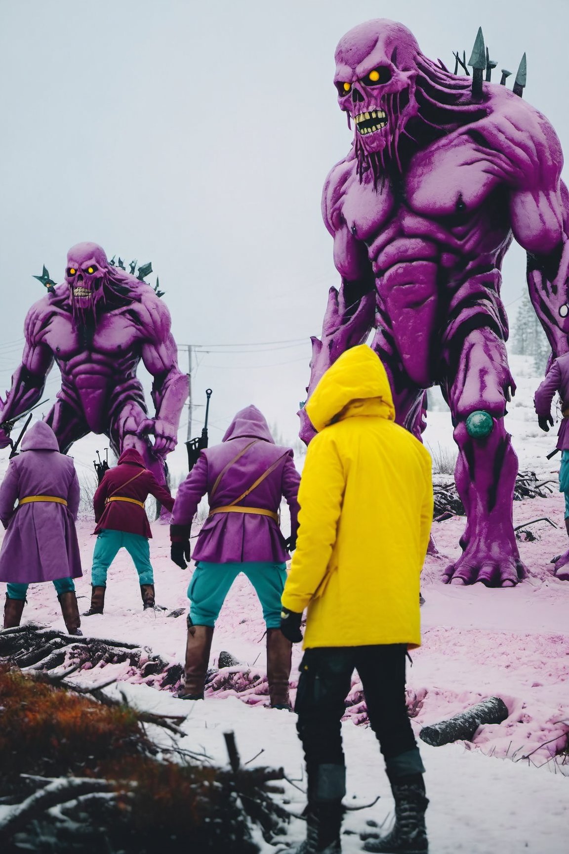 A (massive monster:1.2) looms in the background as a determined squad of militia valiantly charges into the foreground, (eerie, photo by simon stålenhag:1.3), (selective focus, breathtaking:1.4), (motion blur:0.5), high contrast, high saturation, desaturated purple and yellow details, epiCPhoto