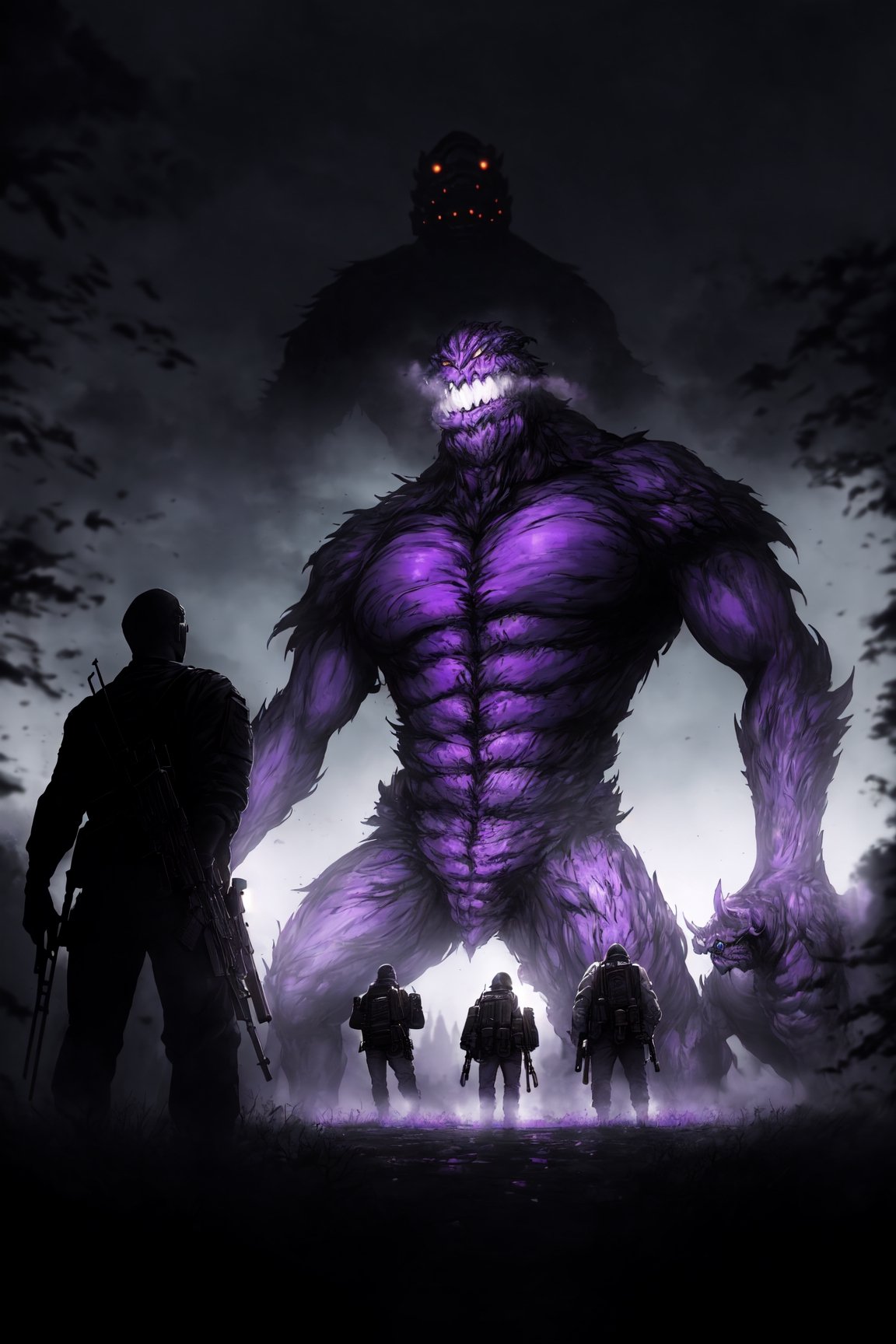 A (massive monster:1.2) looms in the background as a determined squad of militia valiantly charges into the foreground, (eerie, photo by simon stålenhag:1.3), (selective focus, breathtaking:1.4), (motion blur:0.5), high contrast, high saturation, desaturated purple and yellow details, epiCPhoto