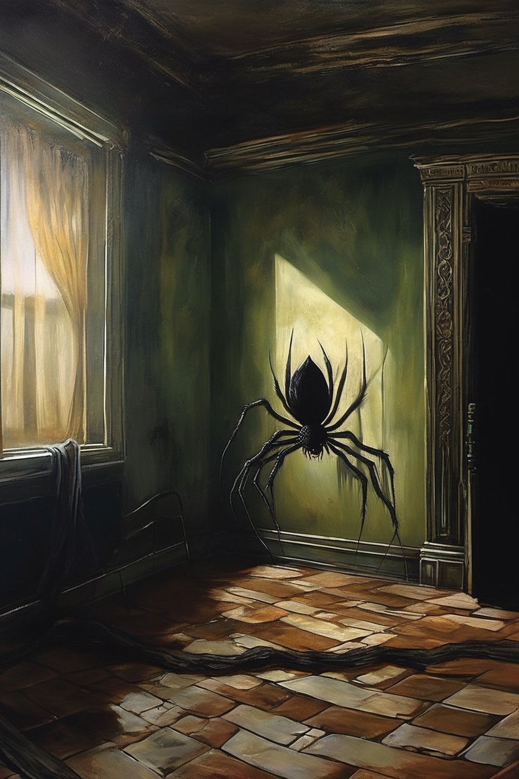 Horror with a spider with a human face, high definition, masterpiece, oil painting, Bezinski style

Subject: A grotesque fusion of spider and human, the spider boasting a human face in a nightmarish amalgamation.

Setting: Within the dimly lit, desolate chambers of an abandoned mansion, casting eerie shadows on the walls.

Action: The spider with a human face menacingly crawls, its distorted limbs reaching out, evoking a sense of terror.

Context: In a world where the boundaries between species blur, this arachnid-human hybrid emerges as a nightmare, a result of forbidden experiments gone awry.

Environment: The atmosphere is heavy with an otherworldly aura, as if the air itself recoils from the unnatural presence.

Lighting: Harsh and surreal lighting casts sharp contrasts, accentuating the unsettling features of the spider-human hybrid.

Artist: Inspired by the macabre genius Zdzisław Beksiński, known for his nightmarish and surreal artworks.

Style: Oil painting with meticulous attention to detail, capturing the grotesque beauty in a hauntingly realistic manner.

Medium: Utilizing traditional oil painting techniques to bring out the texture and depth in the monstrous creation.

Type: A high-definition masterpiece, showcasing the horror in every brushstroke.

Color Scheme: Dark and desaturated tones dominate, with occasional bursts of sickly greens and unsettling purples, enhancing the nightmarish ambiance.

Computer Graphics: None, relying solely on the artist's hand to convey the terror in a traditional artistic form.

Quality: A top-tier artwork with an emphasis on realism and the ability to evoke visceral fear.

Positive Prompt: Cinematic film still, intense chiaroscuro lighting, close-up of the spider-human hybrid in a decrepit mansion, capturing the horror in every detail, Zdzisław Beksiński-inspired masterpiece, oil painting, high definition, detailed texture, dark and surreal color palette, traditional art medium, hauntingly realistic portrayal.,darkart