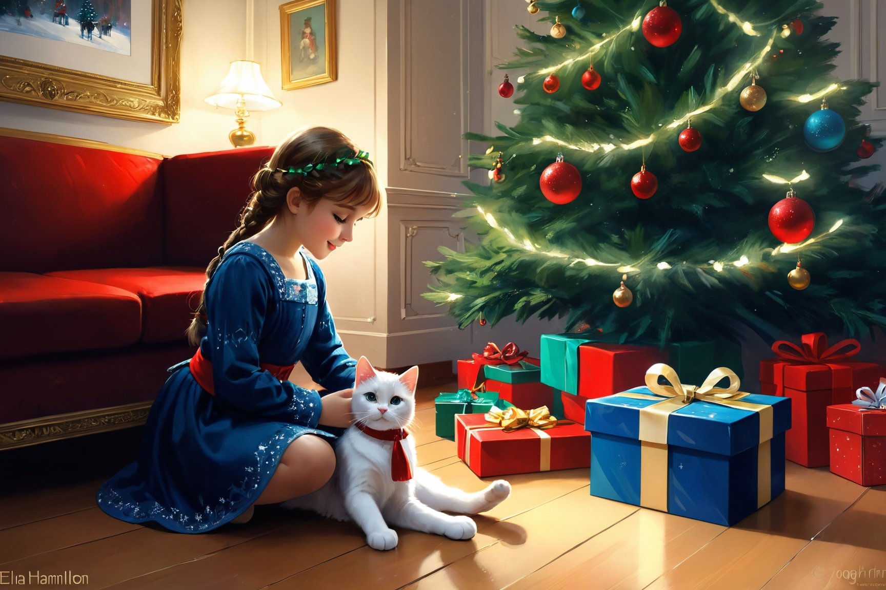 there is a little girl sitting on the floor with a cat next to a christmas tree, cute artwork, gifts, beautiful artwork, cute digital art, presents, adorable digital painting, traditional art, by Elaine Hamilton, christmas night, beautiful digital artwork, cute detailed digital art, cute detailed artwork, by Igor Grabar, so cute, !!beautiful!!, holiday season illustration by Ilya Repin