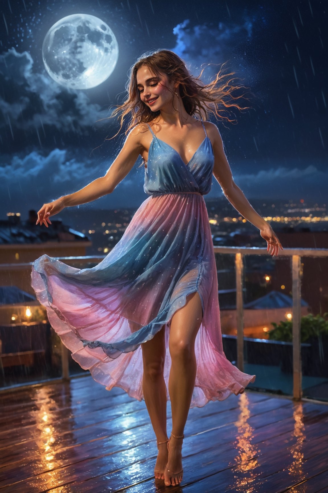  Nighttime, Urban Rooftop, Woman (in a flowing dress), Dancing, Romantic Atmosphere, Rainfall, City Lights in the Background, Soft Moonlight, Digital Art, Impressionistic Style, Photoshop, Digital Painting, High Resolution, Vibrant Color Palette, Subtle Glowing Effects, Moody Ambiance, Skillful Artist, Fine Details, Surreal Feel, Dreamlike Composition.,more detail XL