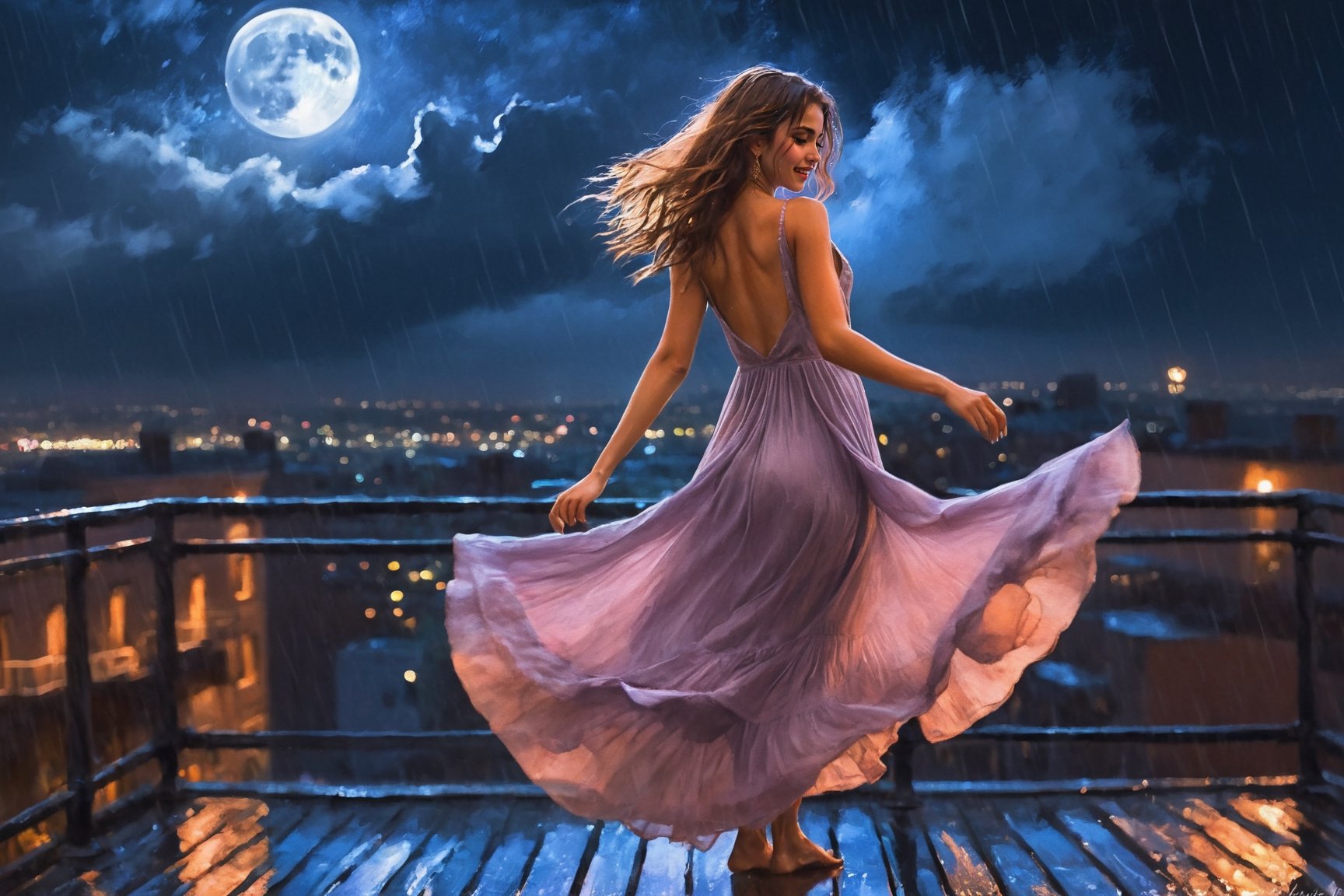  Nighttime, Urban Rooftop, Woman (in a flowing dress), Dancing, Romantic Atmosphere, Rainfall, City Lights in the Background, Soft Moonlight, Digital Art, Impressionistic Style, Photoshop, Digital Painting, High Resolution, Vibrant Color Palette, Subtle Glowing Effects, Moody Ambiance, Skillful Artist, Fine Details, Surreal Feel, Dreamlike Composition.