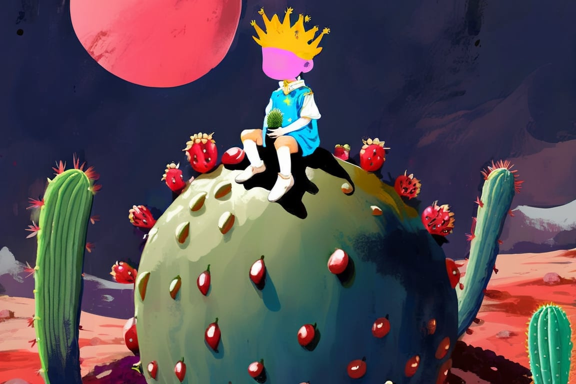 {Little Prince on Planet with Cactus, Berry Style Illustration} , ,horror