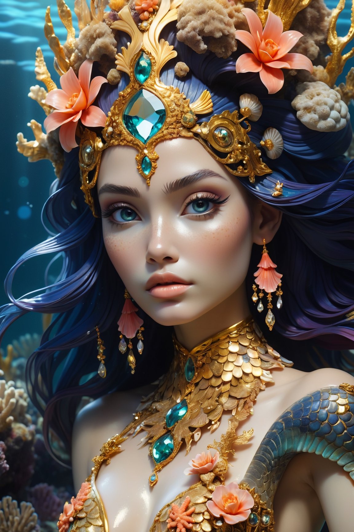 portrait of beautiful underwater mermaid by irakli nadar with intricate detailed ornate headdress made of gold and gems stones, coral reefs, haunting, elite, elegant, melting wax, mycelia, abstract impressionism, ruan jia, dark fantasy, hyper detailed, concept art, by gustav klimt