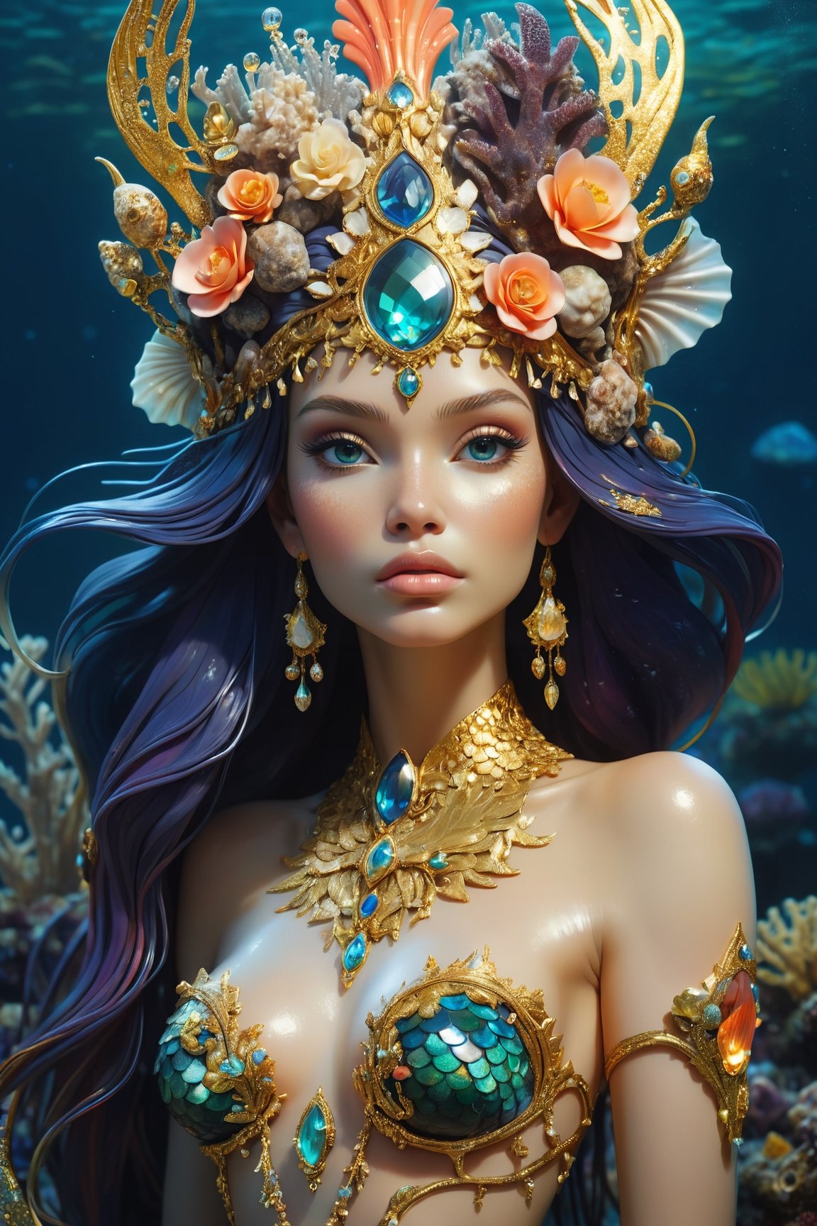 portrait of beautiful underwater mermaid by irakli nadar with intricate detailed ornate headdress made of gold and gems stones, coral reefs, haunting, elite, elegant, melting wax, mycelia, abstract impressionism, ruan jia, dark fantasy, hyper detailed, concept art, by gustav klimt