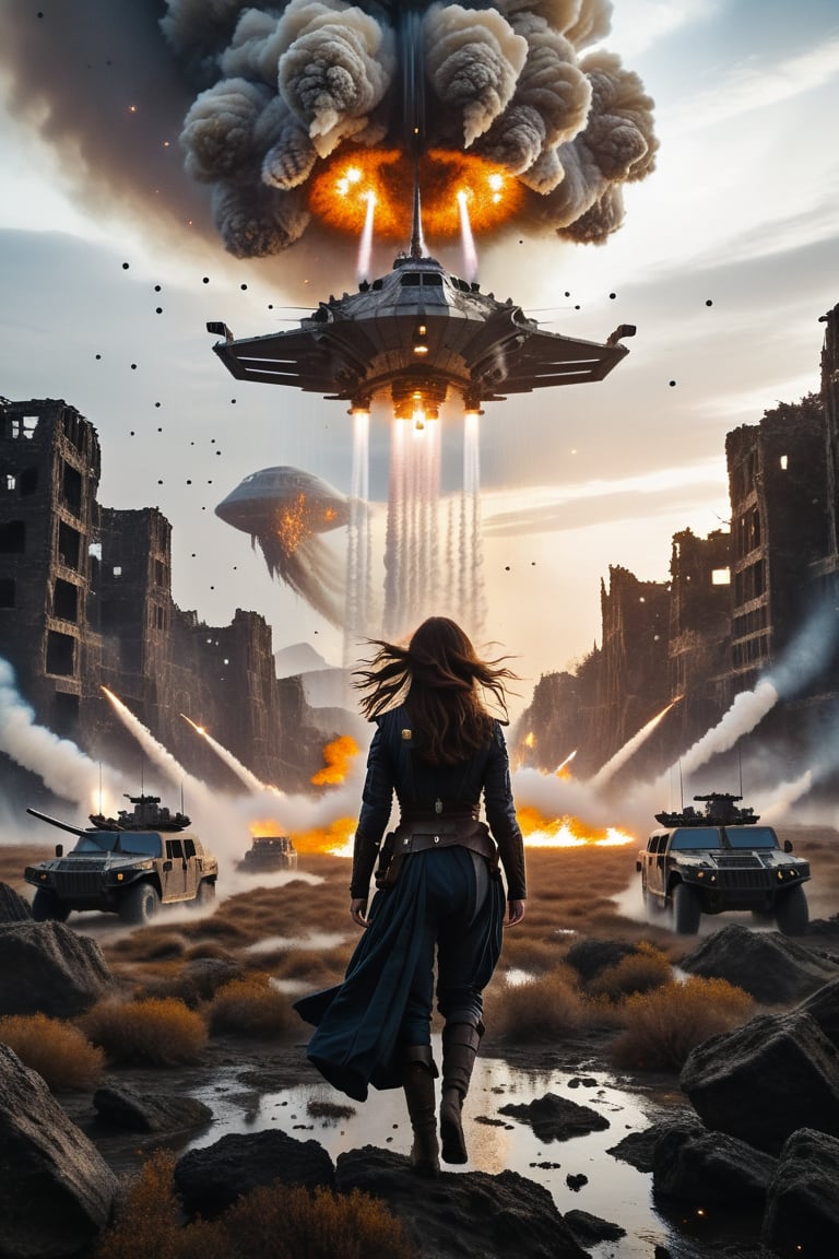 Here is a high-quality prompt for a 8K image:

A cinematic masterpiece of a young female warrior standing suavely in the midst of a desolate, dark fantasy landscape. She walks confidently towards the camera, her long hair billowing in the wind as she gazes upwards at the chaos unfolding above. A humvee with machineguns mounted on top is firing down at an armada of alien spaceships, their hulls exploding in a shower of sparks and flames. In the distance, an enormous mothership looms large, its surface pockmarked by missile trails that leave glowing white contrails in their wake. The air is thick with debris and smoke, illuminated only by the faint glow of distant stars shining through the darkened skies. Every detail is meticulously rendered, from the worn-outer leather outfit on our heroine to the intricate textures of the soldiers' uniforms as they fire their rifles into the sky. The overall mood is one of gritty intensity, as if this moment has been frozen in time for all eternity.