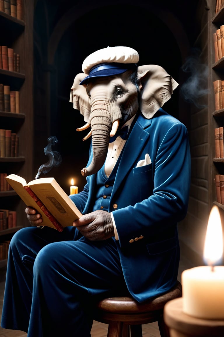 ((CARICATURE, CARTOON)), (Masterpiece, Best Quality, Photorealistic, High Resolution, 8K Raw) cartoon, ((an old elephant)), sitting on a stool, smoking cigar, reading books,  in an ancient liabrary, white beard, round glasses, blue velvet gown, dim light, white cap, hyper realistic, nightwear, dim light, candles, 