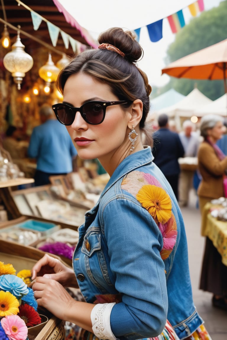 A vibrant scene at an old-fashioned marketplace, where a woman in her early 50s stands amidst a bustling crowd of vendors and shoppers. She wears a stylishly-worn denim jacket, a flowery skirt, and comfortable walking shoes, accessorized with a pair of cat-eye sunglasses perched on her nose. Her dark hair is swept back into a messy bun, revealing a pair of delicate silver earrings. Her gaze is fixated on a particular booth in the distance, where an array of antique items are displayed. The booth, adorned with colorful bunting and old-fashioned lanterns, is overflowing with vintage jewelry, porcelain figurines, and ornately-carved wooden furniture. The woman's expression is one of deep admiration as she carefully inspects each item, her hands running over the smooth surfaces and intricate details of the antiques, lost in the nostalgic beauty of the marketplace. The background is filled with other stalls selling various knick-knacks, secondhand clothing, and handmade crafts, creating a kaleidoscope of colors and textures that only add to the charm of the setting.,aesthetic portrait