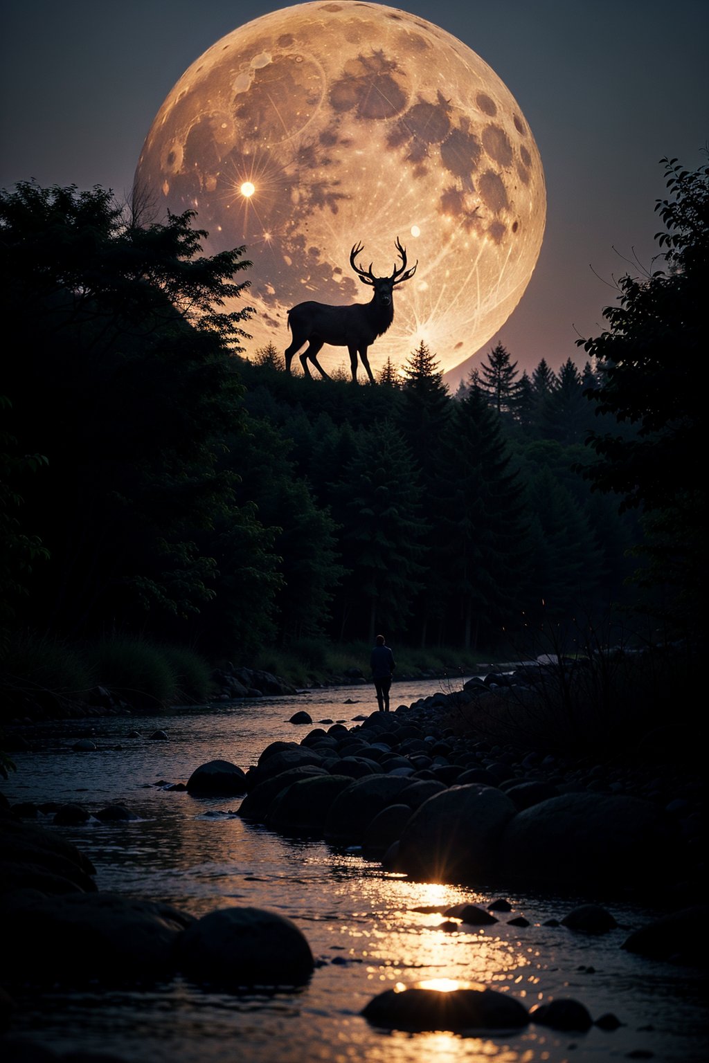 8k, silhouette photo of a stag, in midst of a jungle, near river bank, cool blue light, full moon, night scene, bat flying, ,photorealistic