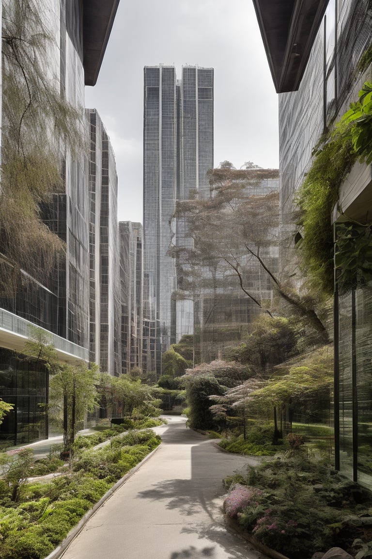 Vibrant cityscape on a radiant sunny day: a wide, empty asphalt road stretches out before towering skyscrapers, their glassy facades reflecting the blue sky. The air is filled with lush greenery - tall trees, vibrant plants, and verdant vegetation - as birds flit about, adding to the area's aesthetic appeal.,Room,monochrom