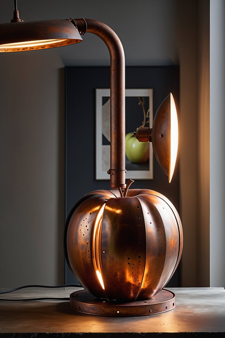 A majestic lamp occupies the frame, bathed in vivid 8K raw lighting that accentuates its rusty metal curves. Resembling a perfectly proportioned apple, the lamp's 3D form exudes industrial elegance and gentle fruit-like contours. The high-resolution capture reveals minute details: pitting on the metal and nuanced light interactions.