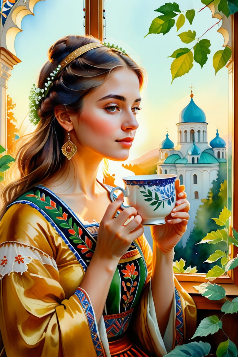 A serene watercolor painting, from Fedya's imagination, captures a close-up portrait of a young woman dressed in a Bulgarian folk costume, sipping tea from a delicate cup. She enjoys the view of vibrant green leaves framed by a minimalist glass window, allowing the warm sunlight to filter through and cast a gentle glow on her delicate features. The intricate details of the leaves and the woman's face are highlighted by this golden light. The backdrop reveals a harmonious blend of nature and modern architecture, with towering structures peeking through the greenery. The overall atmosphere evokes a sense of calm and unity between the natural world and the urban environment, which makes this picture a true work of art, painting, illustration and the beauty of Bulgaria.,BugCraft,scenery