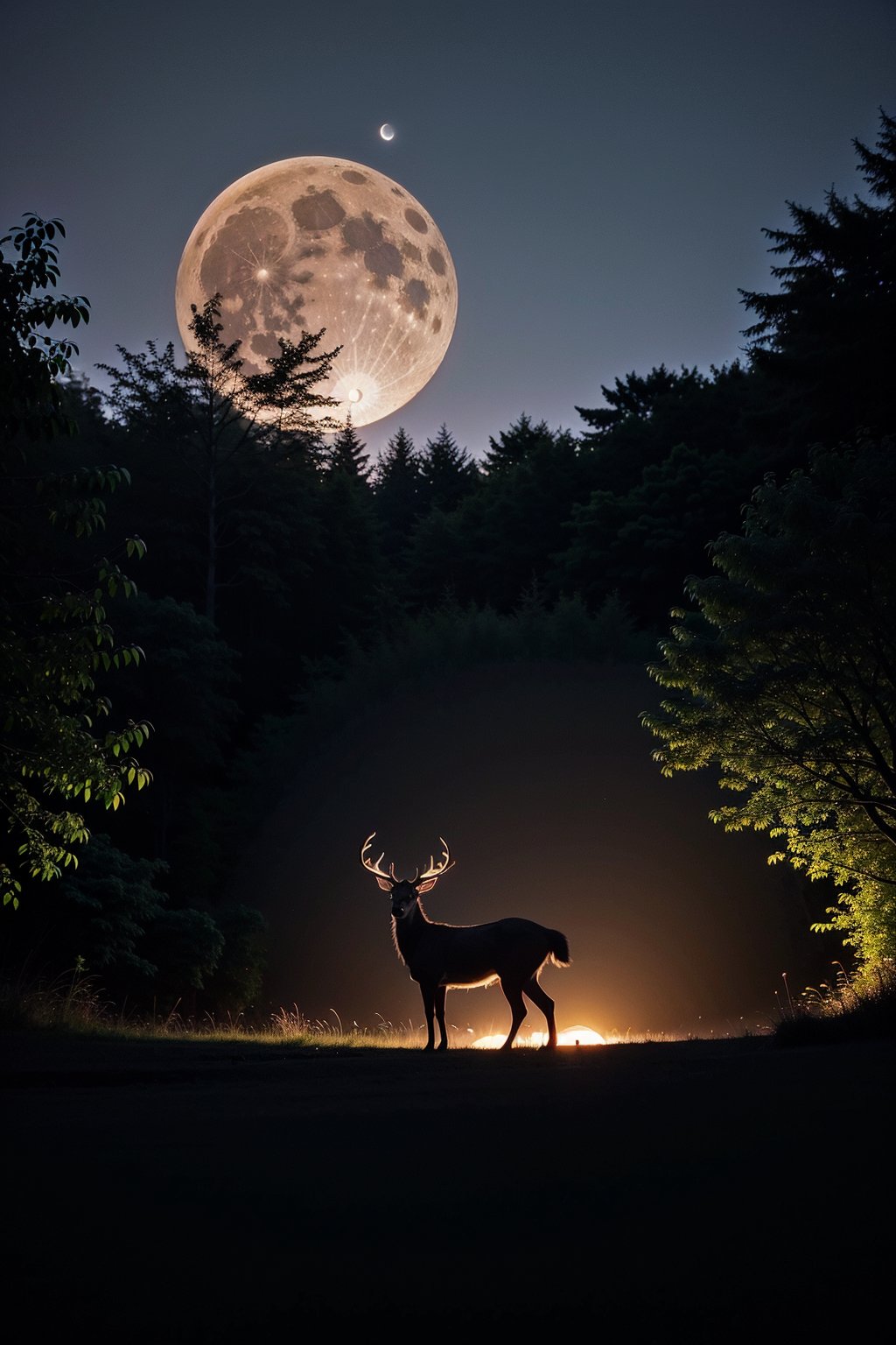 8k, silhouette photo of a stag, in midst of a jungle, near river bank, cool blue light, full moon, night scene, bat flying, ,photorealistic