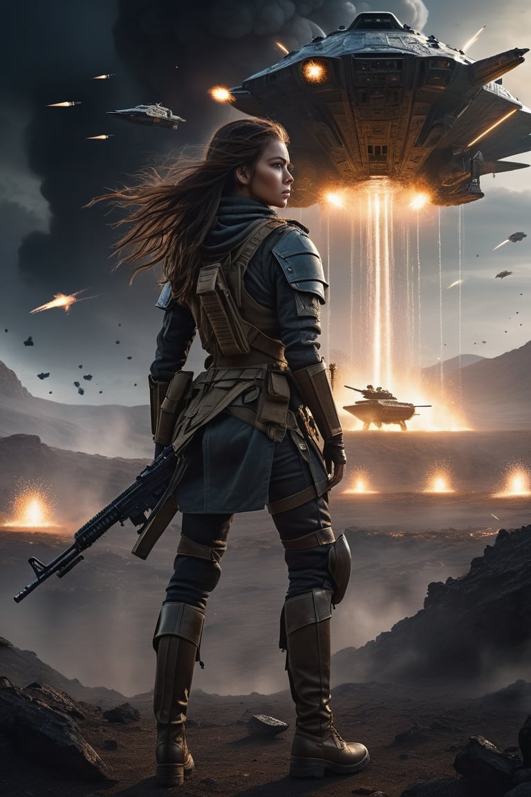 Here is a high-quality prompt for a 8K image:

A cinematic masterpiece of a young female warrior standing suavely in the midst of a desolate, dark fantasy landscape. She walks confidently towards the camera, her long hair billowing in the wind as she gazes upwards at the chaos unfolding above. A humvee with machineguns mounted on top is firing down at an armada of alien spaceships, their hulls exploding in a shower of sparks and flames. In the distance, an enormous mothership looms large, its surface pockmarked by missile trails that leave glowing white contrails in their wake. The air is thick with debris and smoke, illuminated only by the faint glow of distant stars shining through the darkened skies. Every detail is meticulously rendered, from the worn-outer leather outfit on our heroine to the intricate textures of the soldiers' uniforms as they fire their rifles into the sky. The overall mood is one of gritty intensity, as if this moment has been frozen in time for all eternity.