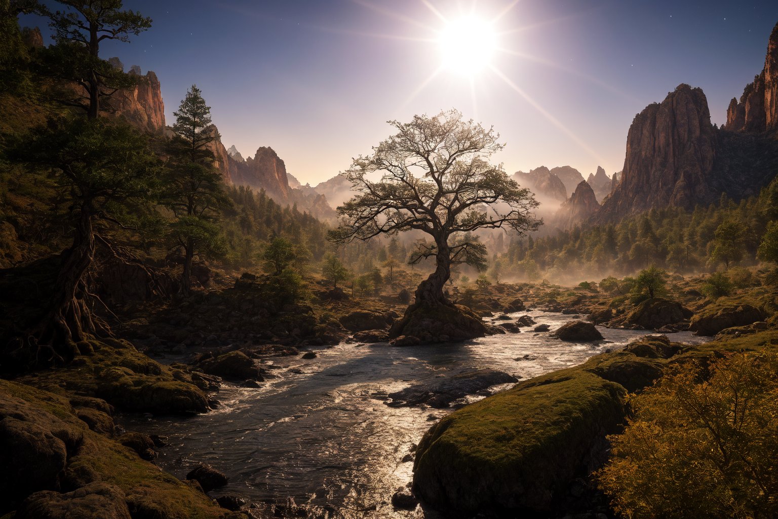 In a photorealistic fantasy landscape, a majestic gnarled tree stands tall beneath a radiant sunlit sky. Its twisted branches stretch towards the heavens like nature's own cathedral, framing the serene scene. In the distance, an alien figure rises from the misty river, its bioluminescent scales shimmering in harmony with the lunar glow. The mountains rise up in the background, their rugged peaks softened by a veil of morning mist. A water fall cascades down one slope, creating a mesmerizing display of light and sound that harmonizes with the ethereal atmosphere.