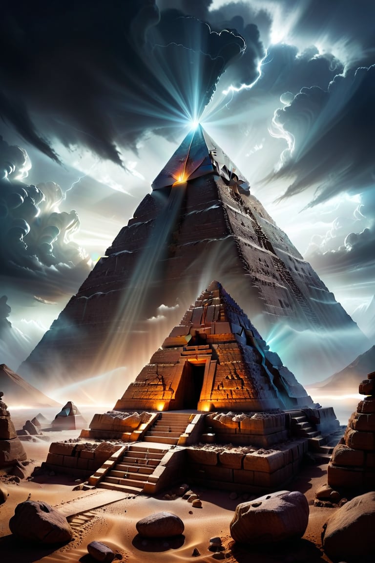 A majestic pyramid stands tall, its ancient stones gleaming with an otherworldly aura. Divine lights emanate from within, casting an ethereal glow amidst the swirling darkness of clouds that partially shroud it. The air is charged with mystical energy, as if the very fabric of reality converges at this sacred site.,TechStreetwear,Extremely Realistic