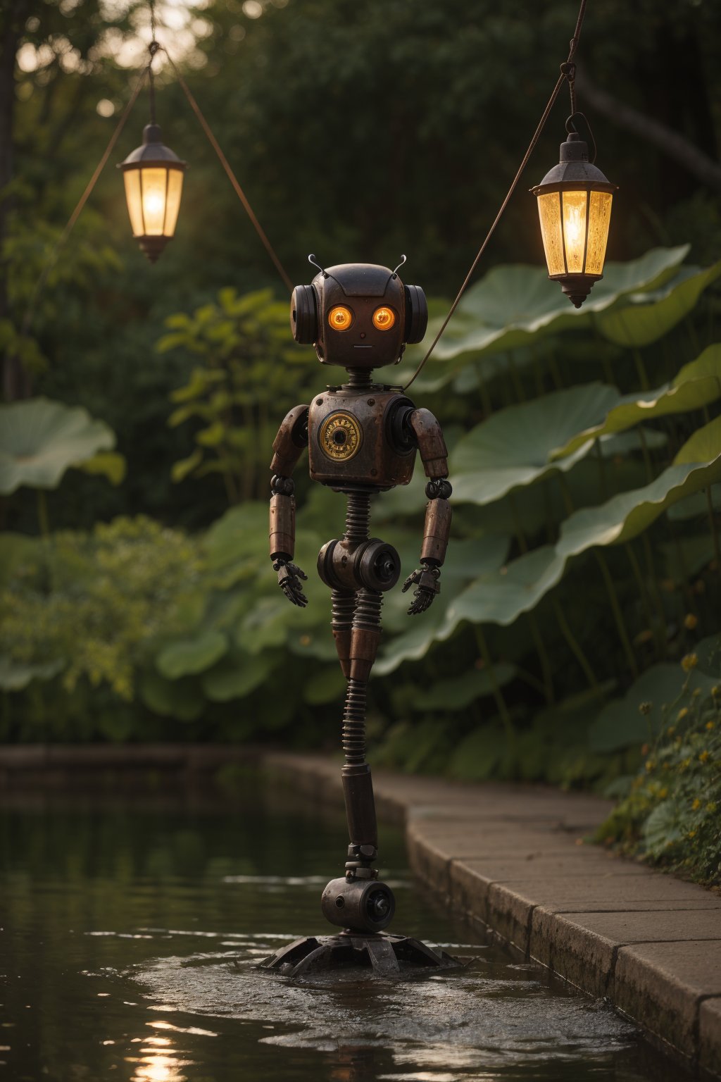 A 64k tight close-up shot captures the intricate details of a small robot perched on the banks of a serene pond at dusk. The robotic structure is a masterclass in repurposed industrial design, with exposed wires, mechanical joints, and panels constructed from weathered rusted metal. Its round eyes, like lanterns, gaze intently at the lotus flowers swaying gently in the post-rain breeze.,Masterpiece