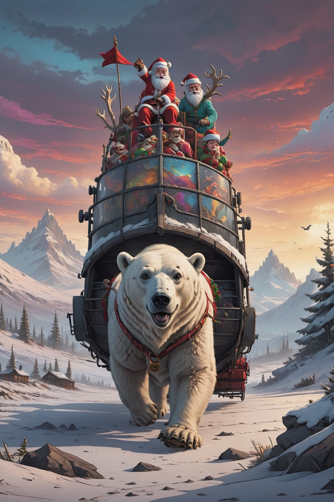 (masterpiece)), (best quality), (cinematic),detailed face, detailed body, dark gray sky, glow, clouds, (cinematic, colorful), (extremely detailed),Comic Book-Style 2d, (polar bear|reindeer) pulling santas sleigh