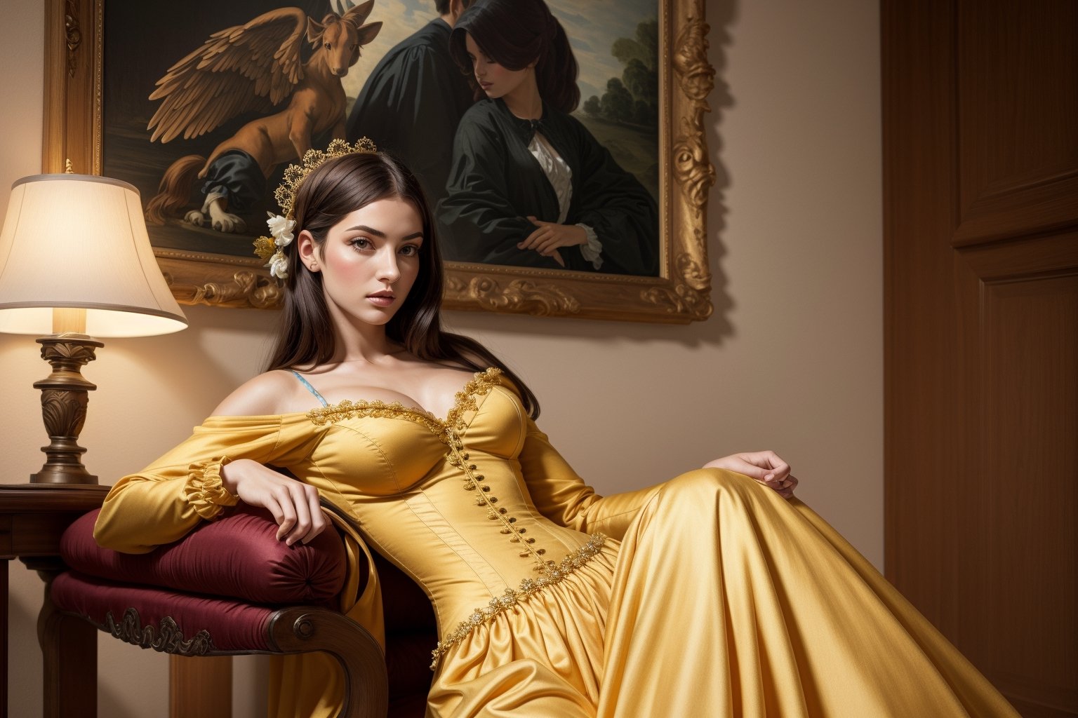 Realistic, one Woman, yellow satin Clothes, Rococo Style
