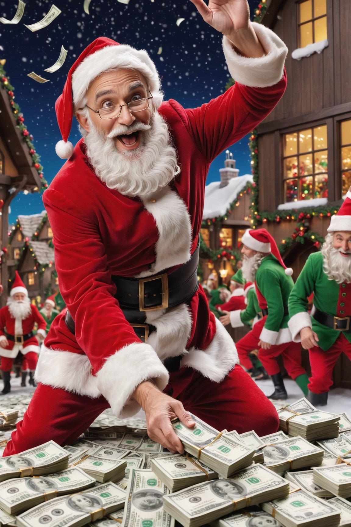 (masterpiece)), (best quality), (cinematic), (cinematic, colorful), (extremely detailed),santa flinging money to a bunch of elves 
 excitedly trying to catch it, christmas village, dollar bills 
 floating down like snow, zoom out