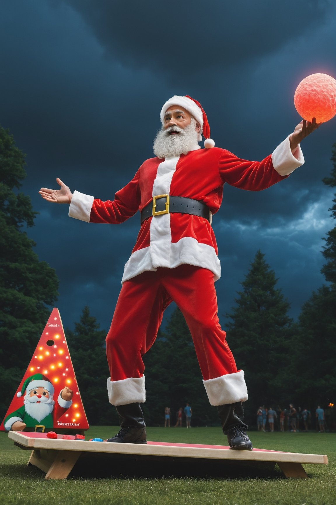 (masterpiece)), (best quality), (cinematic),detailed face, detailed body, dark gray sky, glow, clouds, (cinematic, colorful), (extremely detailed), highly detailed face, Santa Claus in mid throw while playing cornhole at a summer park.