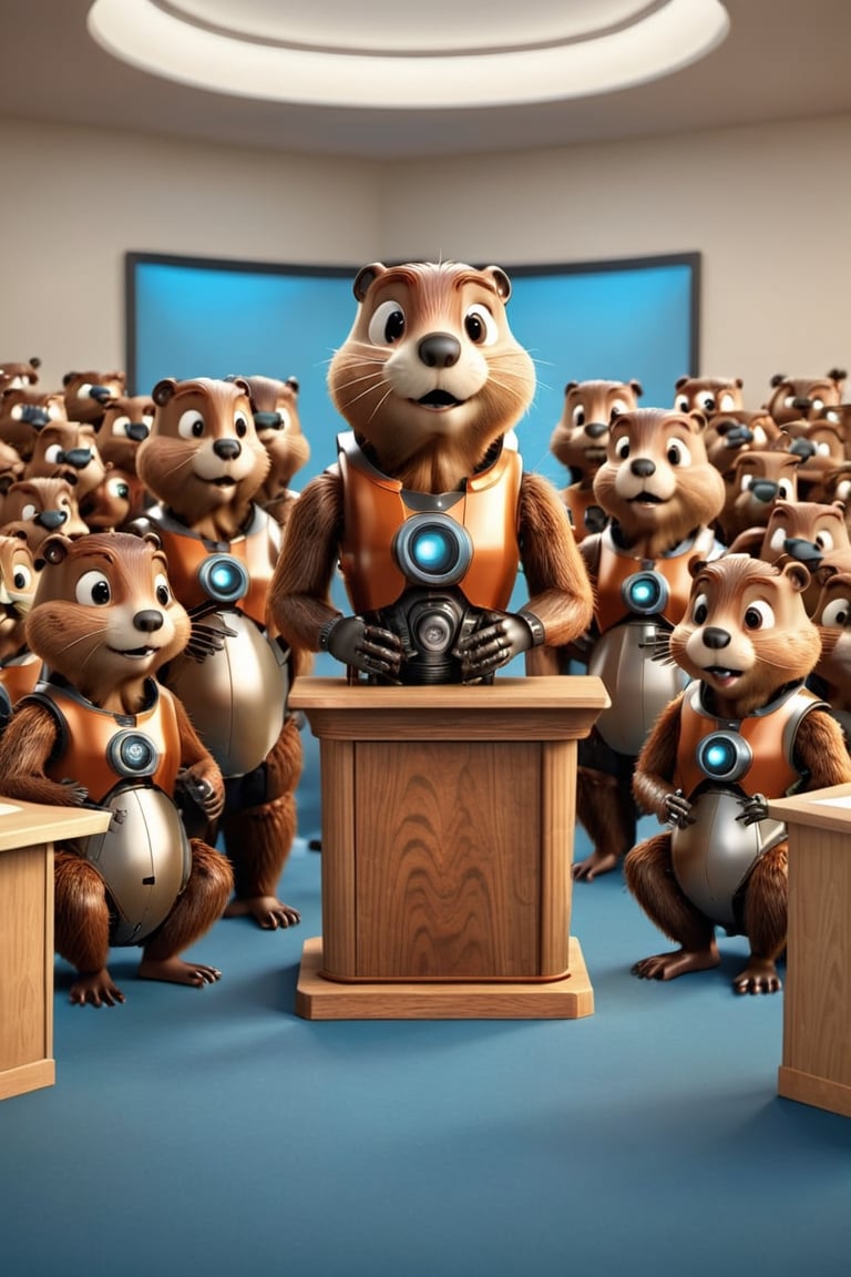 (Anthropomorphic beaver men:1.9), beaver men sitting at a town hall meeting, (solo robot speaker at a side podium:1.5),aw0k euphoric style,3d style,Robot