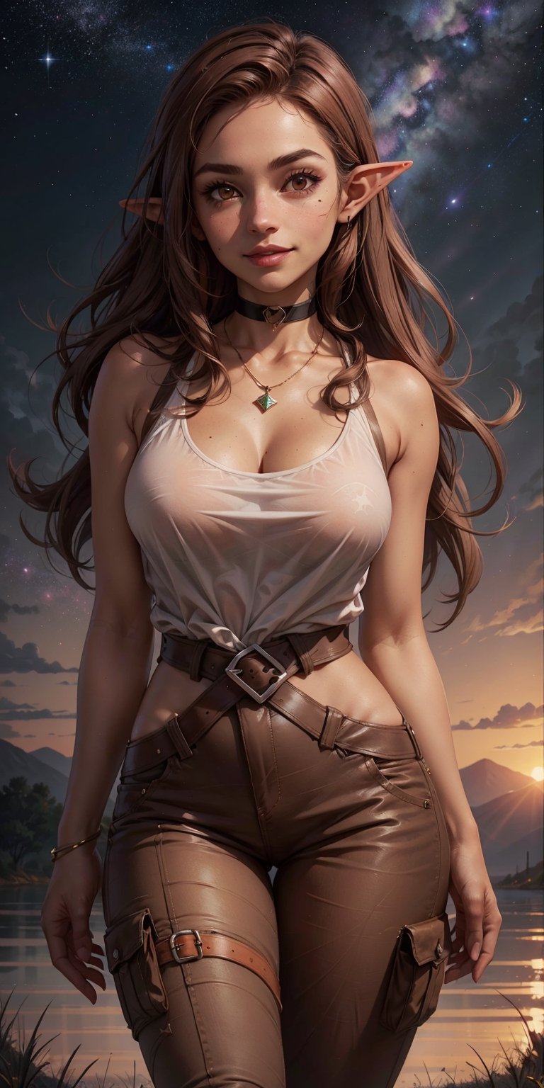 masterpiece, realistic:2, real skin, detailed, 1girl, studio light, stylish background, large_breast:2 ,long_hair, (sleeveless shirt), detailed eyes, choker, necklace, (brown hair:2), red hair, pointy ears, cyber eyes, augmented body, long ears:2, softabs:2, pores, detailed skin:2, xtremely Realistic, Detailedface, smile:2, real hands:2, detailed skin:2, beauty marks:2, elf ears:2, elven ears, long ears, thin thighs:2, skinny thighs, thin waist:2, elf ears:2, elven ears, long ears, thin thighs:2, skinny thighs, thin waist:2, elf ears:2, elven ears, long ears, thin thighs:2, skinny thighs, thin waist:2,3DMM, tan skin:2, cargo pants:2, skin tight tshirt, pants, modest, pants


 standing in meadow, various flowers, sunset:2, dark sky, ((high contrast)) ((galaxy sky)), far off mystical city, sunset, 