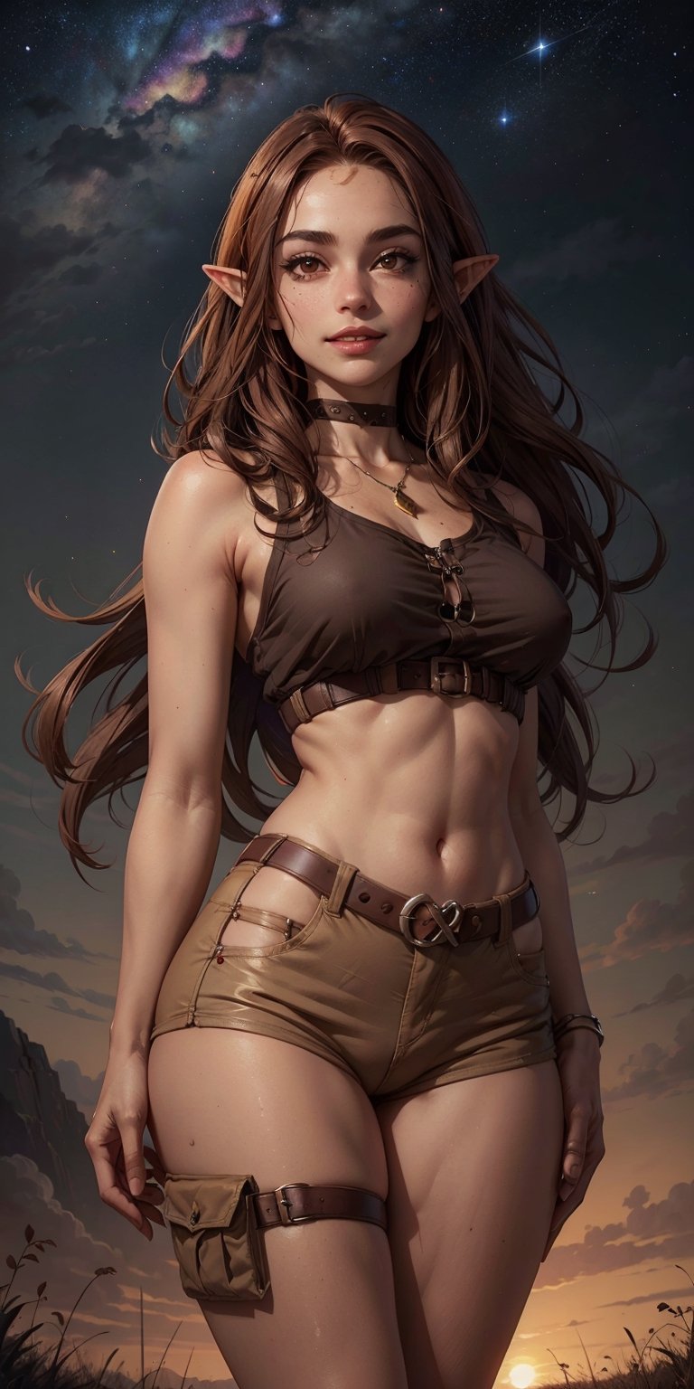 masterpiece, realistic:2, real skin, detailed, 1girl, studio light, stylish background, large_breast:2 ,long_hair, (sleeveless shirt), detailed eyes, choker, necklace, (brown hair:2), red hair, pointy ears, cyber eyes, augmented body, long ears:2, softabs:2, pores, detailed skin:2, xtremely Realistic, Detailedface, smile:2, real hands:2, detailed skin:2, beauty marks:2, elf ears:2, elven ears, long ears, thin thighs:2, skinny thighs, thin waist:2, elf ears:2, elven ears, long ears, thin thighs:2, skinny thighs, thin waist:2, elf ears:2, elven ears, long ears, thin thighs:2, skinny thighs, thin waist:2,3DMM, tan skin:2, cargo pants:2, skin tight tshirt, pants, modest, pants


 standing in meadow, various flowers, sunset:2, dark sky, ((high contrast)) ((galaxy sky)), far off mystical city, sunset, 